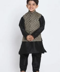JBN Creation Boys' Black Cotton Silk Blend Kurta, Waistcoat And Pyjama Set