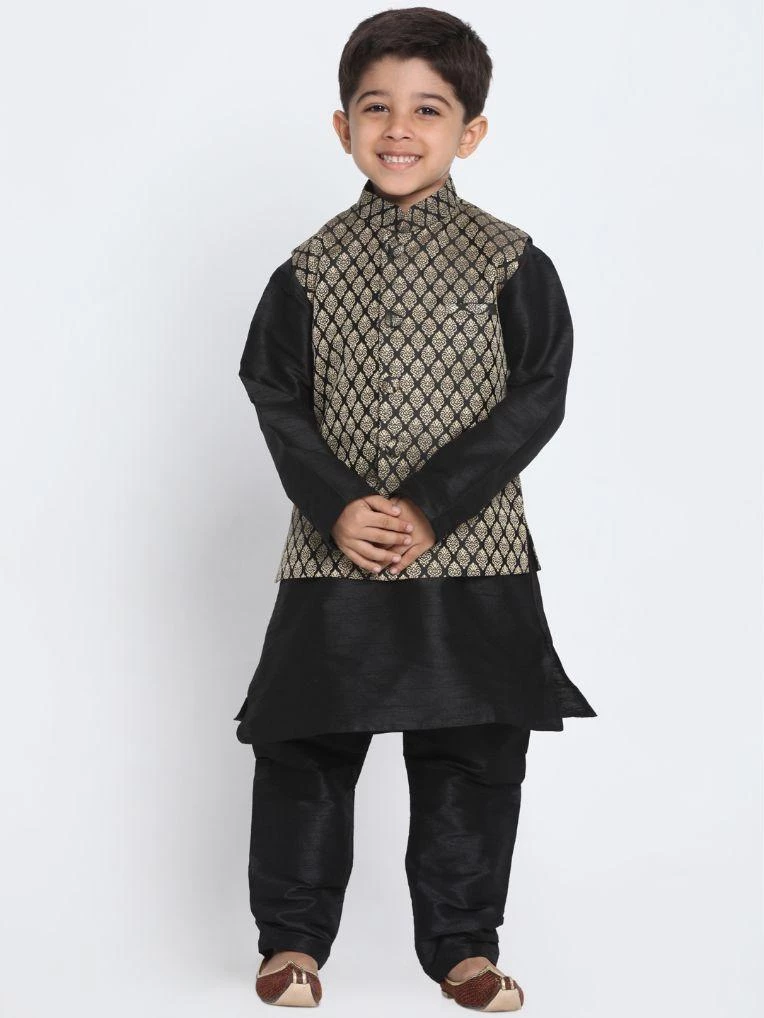 JBN Creation Boys' Black Cotton Silk Blend Kurta, Waistcoat And Pyjama Set 3 JBN Creation Boys' Black Cotton Silk Blend Kurta, Waistcoat And Pyjama Set