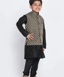 JBN Creation Boys' Black Cotton Silk Blend Kurta, Waistcoat And Pyjama Set
