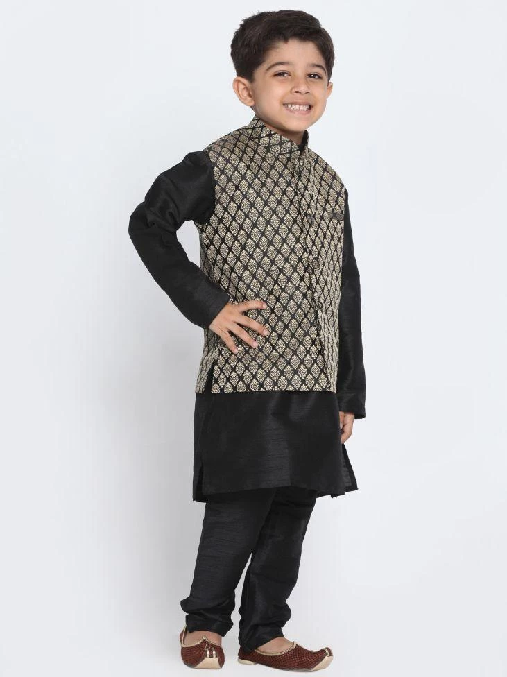 JBN Creation Boys' Black Cotton Silk Blend Kurta, Waistcoat And Pyjama Set 4 JBN Creation Boys' Black Cotton Silk Blend Kurta, Waistcoat And Pyjama Set