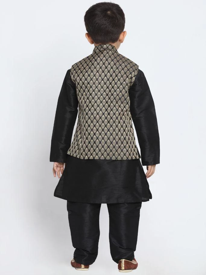 JBN Creation Boys' Black Cotton Silk Blend Kurta, Waistcoat And Pyjama Set 6 JBN Creation Boys' Black Cotton Silk Blend Kurta, Waistcoat And Pyjama Set