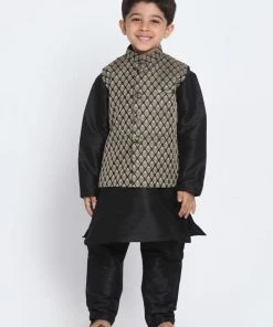 JBN Creation Boys' Black Cotton Silk Blend Kurta, Waistcoat And Pyjama Set 14 JBN Creation Boys' Black Cotton Silk Blend Kurta, Waistcoat And Pyjama Set