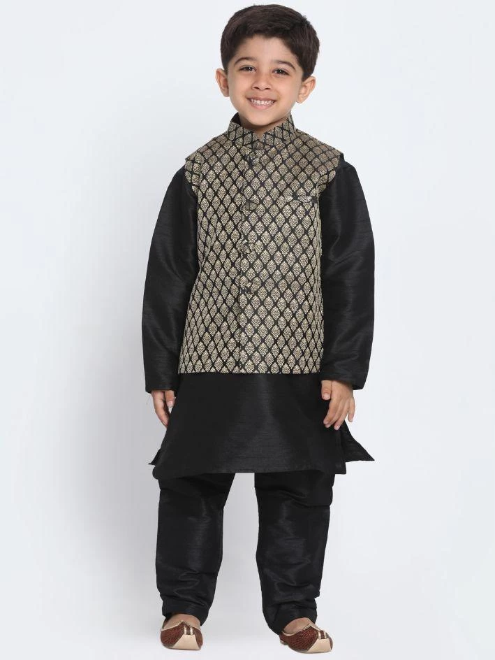 JBN Creation Boys' Black Cotton Silk Blend Kurta, Waistcoat And Pyjama Set 8 JBN Creation Boys' Black Cotton Silk Blend Kurta, Waistcoat And Pyjama Set