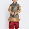 JBN Creation Boys' Black Cotton Silk Blend Ethnic Jacket, Golden Kurta And Dhoti Pant Set