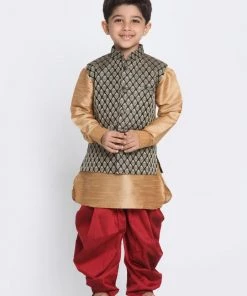 JBN Creation Boys' Black Cotton Silk Blend Ethnic Jacket, Golden Kurta And Dhoti Pant Set