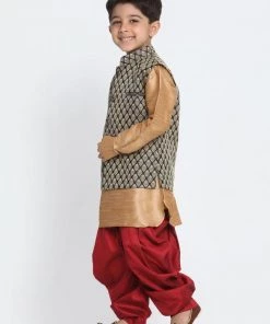 JBN Creation Boys' Black Cotton Silk Blend Ethnic Jacket, Golden Kurta And Dhoti Pant Set