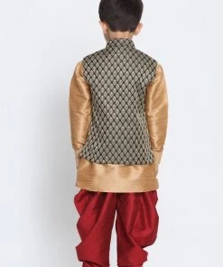 JBN Creation Boys' Black Cotton Silk Blend Ethnic Jacket, Golden Kurta And Dhoti Pant Set