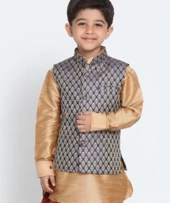 Vastramay Silk Blend Blue And Gold Baap Beta Ethnic Jacket