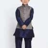 JBN Creation Boys' Blue Color Woven Design Nehru Jacket & Navy Blue Kurta Pyjamas Set