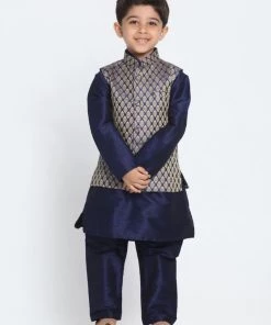 JBN Creation Boys' Blue Color Woven Design Nehru Jacket & Navy Blue Kurta Pyjamas Set