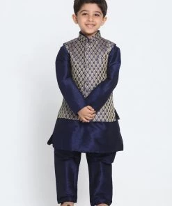 Vastramay Navy Blue And Gold Silk Blend Baap Beta Jacket Kurta Pyjama Set