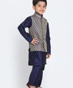 Vastramay Navy Blue And Gold Silk Blend Baap Beta Jacket Kurta Pyjama Set