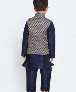 JBN Creation Boys' Blue Color Woven Design Nehru Jacket & Navy Blue Kurta Pyjamas Set
