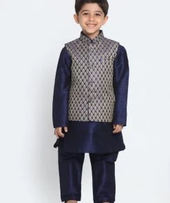 JBN Creation Boys' Blue Color Woven Design Nehru Jacket & Navy Blue Kurta Pyjamas Set