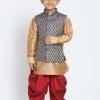 JBN Creation Boys' Blue Cotton Silk Blend Ethnic Jacket, Golden Kurta And Dhoti Pant Set