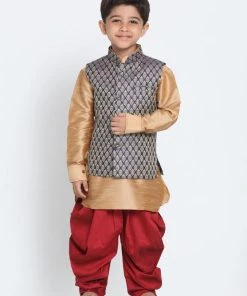 JBN Creation Boys' Blue Cotton Silk Blend Ethnic Jacket, Golden Kurta And Dhoti Pant Set