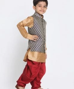 JBN Creation Boys' Blue Cotton Silk Blend Ethnic Jacket, Golden Kurta And Dhoti Pant Set