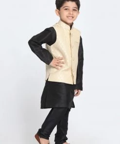 JBN Creation Boys' Cream Cotton Silk Blend Waistcoat, Black Kurta And Pyjama Set