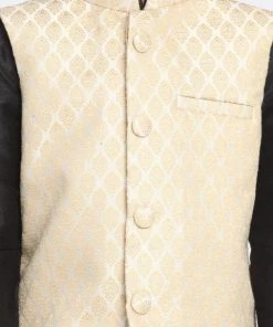 JBN Creation Boys' Cream Cotton Silk Blend Waistcoat, Black Kurta And Pyjama Set