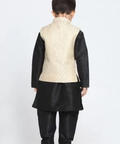 JBN Creation Boys' Cream Cotton Silk Blend Waistcoat, Black Kurta And Pyjama Set