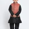 JBN Creation Boys' Maroon Cotton Silk Blend Waistcoat, Black Kurta And Pyjama Set