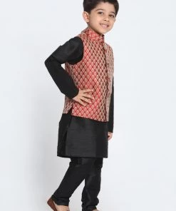 Vastramay Black And Maroon Silk Blend Baap Beta Jacket Kurta Pyjama Set