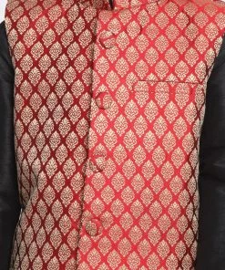 Vastramay Black And Maroon Silk Blend Baap Beta Jacket Kurta Pyjama Set