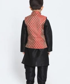 JBN Creation Boys' Maroon Cotton Silk Blend Waistcoat, Black Kurta And Pyjama Set