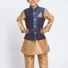 JBN Creation Boys' Deep Blue Cotton Silk Blend Waistcoat, Golden Kurta And Pyjama Set