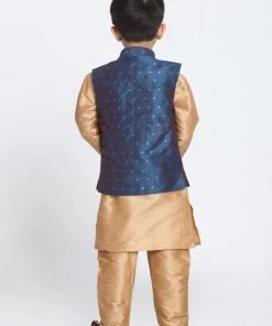 JBN Creation Boys' Deep Blue Cotton Silk Blend Waistcoat, Golden Kurta And Pyjama Set
