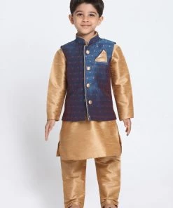 JBN Creation Boys' Deep Blue Cotton Silk Blend Waistcoat, Golden Kurta And Pyjama Set