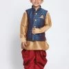 JBN Creation Boys Boy's Deep Blue Cotton Silk Blend Ethnic Jacket, Rose Gold Kurta And Maroon Dhoti Pant Set