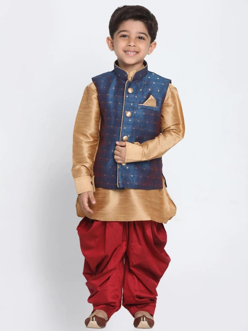 JBN Creation Boys Boy's Deep Blue Cotton Silk Blend Ethnic Jacket, Rose Gold Kurta And Maroon Dhoti Pant Set 3 JBN Creation Boys Boy's Deep Blue Cotton Silk Blend Ethnic Jacket, Rose Gold Kurta And Maroon Dhoti Pant Set