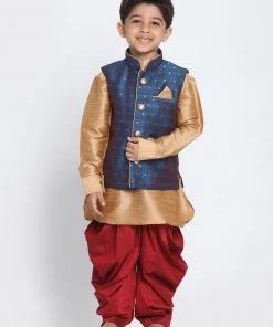 Vastramay Rose Gold, Navy Blue And Maroon Silk Blend Baap Beta Jacket Dhoti Kurta Set Kurta Pyjama