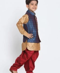 JBN Creation Boys Boy's Deep Blue Cotton Silk Blend Ethnic Jacket, Rose Gold Kurta And Maroon Dhoti Pant Set