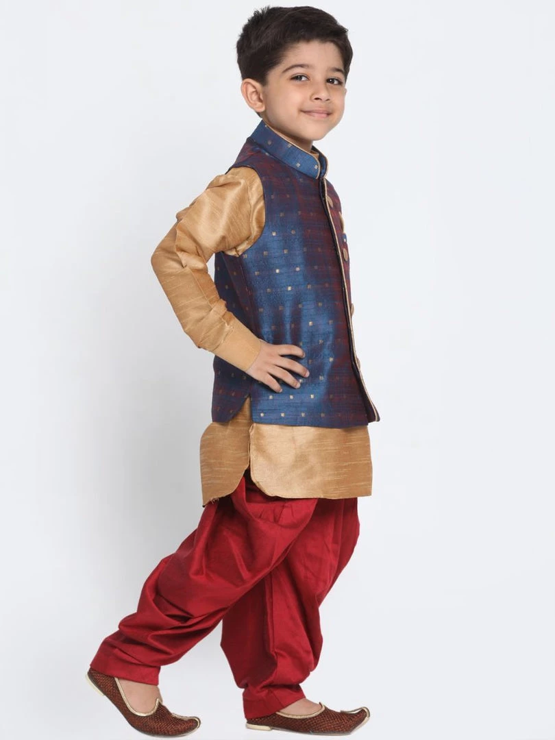 JBN Creation Boys Boy's Deep Blue Cotton Silk Blend Ethnic Jacket, Rose Gold Kurta And Maroon Dhoti Pant Set 4 JBN Creation Boys Boy's Deep Blue Cotton Silk Blend Ethnic Jacket, Rose Gold Kurta And Maroon Dhoti Pant Set