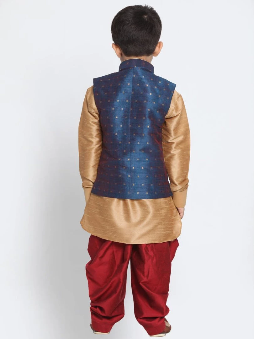 JBN Creation Boys Boy's Deep Blue Cotton Silk Blend Ethnic Jacket, Rose Gold Kurta And Maroon Dhoti Pant Set 6 JBN Creation Boys Boy's Deep Blue Cotton Silk Blend Ethnic Jacket, Rose Gold Kurta And Maroon Dhoti Pant Set