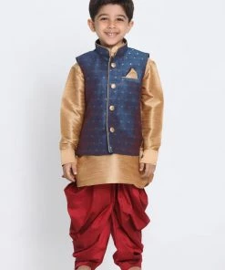 JBN Creation Boys Boy's Deep Blue Cotton Silk Blend Ethnic Jacket, Rose Gold Kurta And Maroon Dhoti Pant Set 14 JBN Creation Boys Boy's Deep Blue Cotton Silk Blend Ethnic Jacket, Rose Gold Kurta And Maroon Dhoti Pant Set