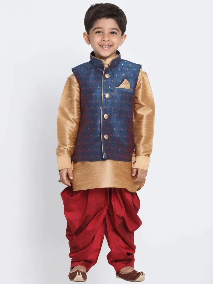 JBN Creation Boys Boy's Deep Blue Cotton Silk Blend Ethnic Jacket, Rose Gold Kurta And Maroon Dhoti Pant Set 8 JBN Creation Boys Boy's Deep Blue Cotton Silk Blend Ethnic Jacket, Rose Gold Kurta And Maroon Dhoti Pant Set