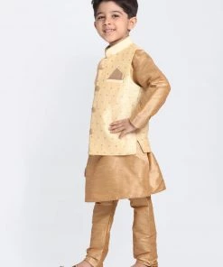JBN Creation Boys' Gold Cotton Silk Blend Kurta, Waistcoat And Pyjama Set