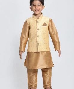 JBN Creation Boys' Gold Cotton Silk Blend Kurta, Waistcoat And Pyjama Set