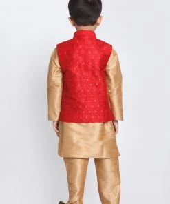 JBN Creation Boys' Maroon Woven Design Nehru Jacket With Rose Gold Kurta And Pajamas Set