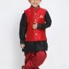 JBN Creation Boys' Maroon Cotton Silk Blend Ethnic Jacket, Black Kurta And Maroon Dhoti Pant Set