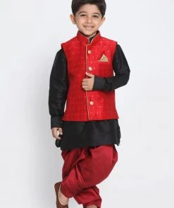 JBN Creation Boys' Maroon Cotton Silk Blend Ethnic Jacket, Black Kurta And Maroon Dhoti Pant Set