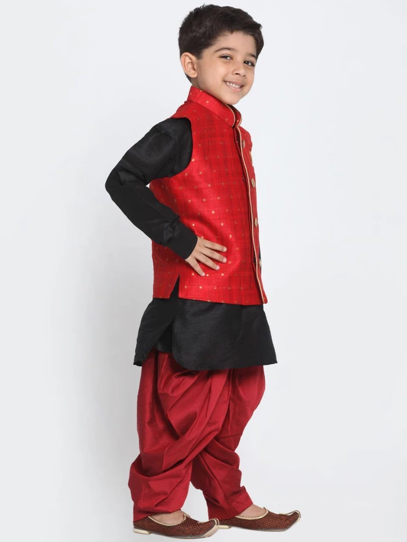 JBN Creation Boys' Maroon Cotton Silk Blend Ethnic Jacket, Black Kurta And Maroon Dhoti Pant Set 4 JBN Creation Boys' Maroon Cotton Silk Blend Ethnic Jacket, Black Kurta And Maroon Dhoti Pant Set