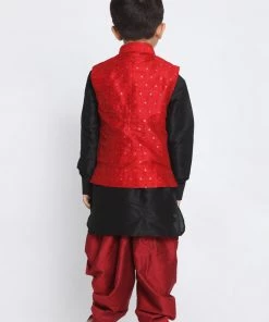 Kurta Pyjama Vastramay Maroon And Black Silk Blend Baap Beta Jacket Dhoti Kurta Set