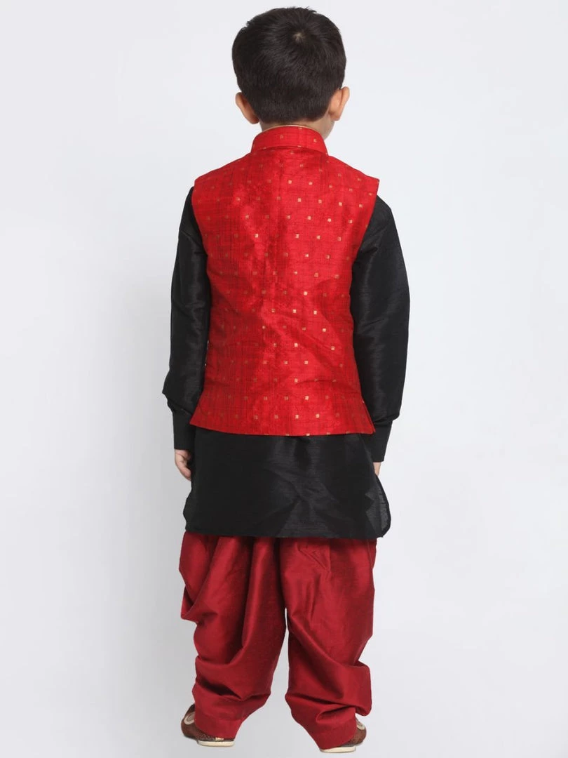 JBN Creation Boys' Maroon Cotton Silk Blend Ethnic Jacket, Black Kurta And Maroon Dhoti Pant Set 6 JBN Creation Boys' Maroon Cotton Silk Blend Ethnic Jacket, Black Kurta And Maroon Dhoti Pant Set