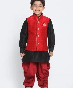 JBN Creation Boys' Maroon Cotton Silk Blend Ethnic Jacket, Black Kurta And Maroon Dhoti Pant Set 14 JBN Creation Boys' Maroon Cotton Silk Blend Ethnic Jacket, Black Kurta And Maroon Dhoti Pant Set