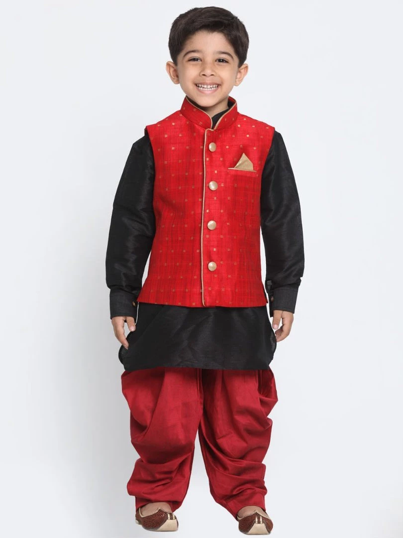 JBN Creation Boys' Maroon Cotton Silk Blend Ethnic Jacket, Black Kurta And Maroon Dhoti Pant Set 8 JBN Creation Boys' Maroon Cotton Silk Blend Ethnic Jacket, Black Kurta And Maroon Dhoti Pant Set