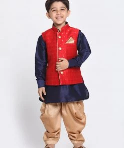 Kurta Pyjama Vastramay Maroon, Navy Blue And Rose Gold Silk Blend Baap Beta Jacket Dhoti Kurta Set